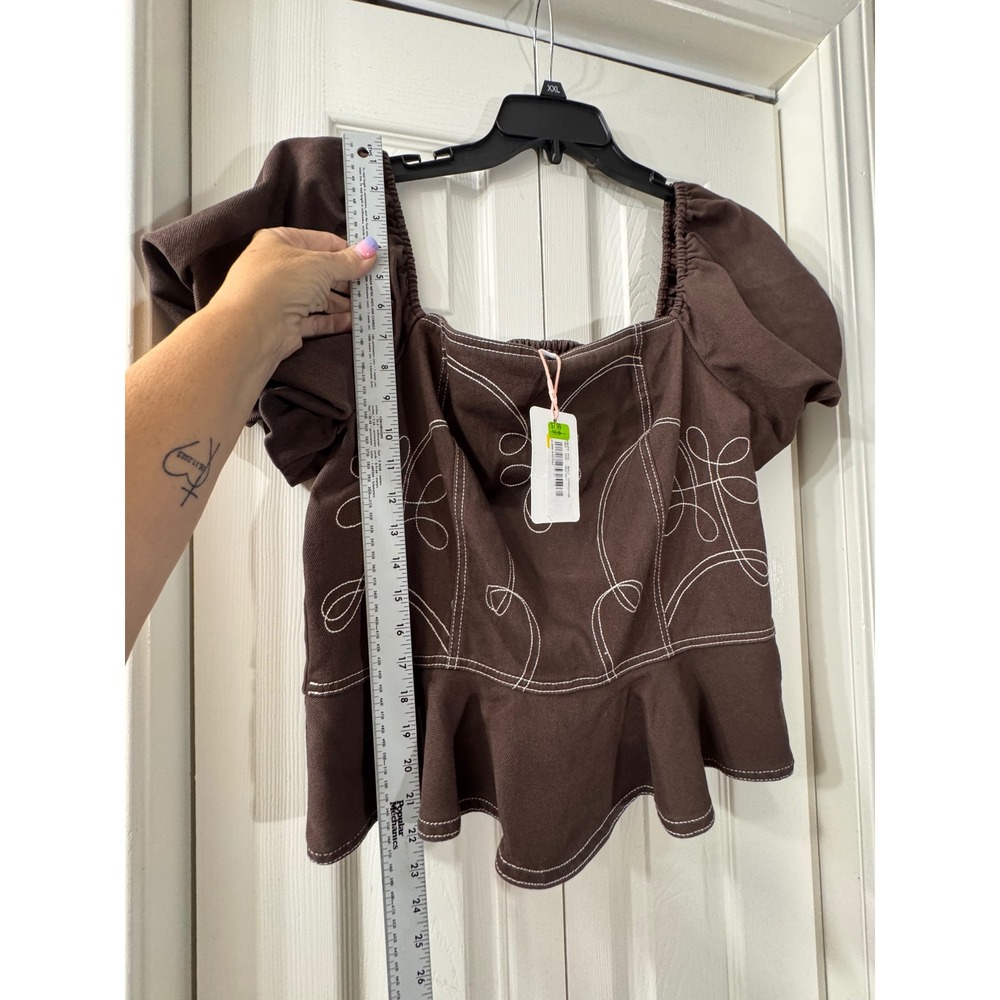 GB Brown Puff Sleeve Peplum Top Contrast Stitch Western Smocked XXL NWT - Picture 7 of 7